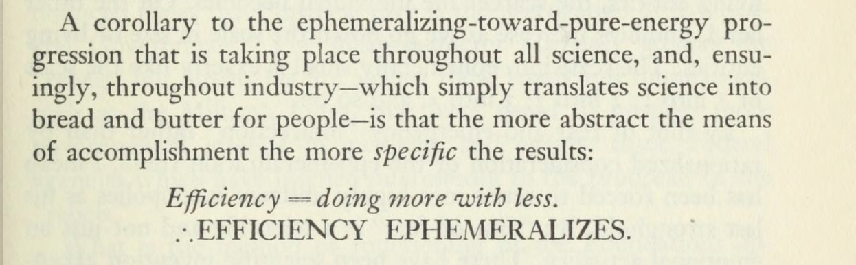 A paragraph excerpted from "Nine Chains to the Moon": "A corollary to the ephemeralizing-toward-pure-energy progression that is taking place throughout all science, and, ensuingly, throughout industry—which simply translates science into bread and butter for people—is that the more abstract the means of accomplishment the more specific the results: Efficiency == doing more with less. Therefore EFFICIENCY EPHEMERALIZES."