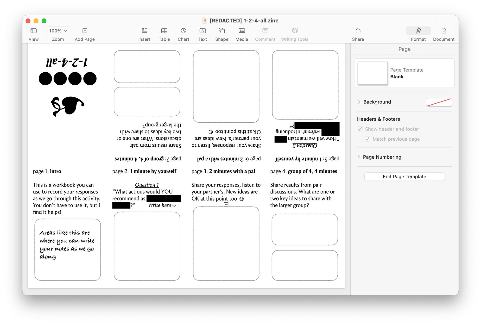 Screenshot of Apple Pages with an 8-page mini-zine laid out in a 4x2 grid for printing. Pages 5-8 are upside down across the top row, and pages 1-4 are right-side-up along the bottom row.