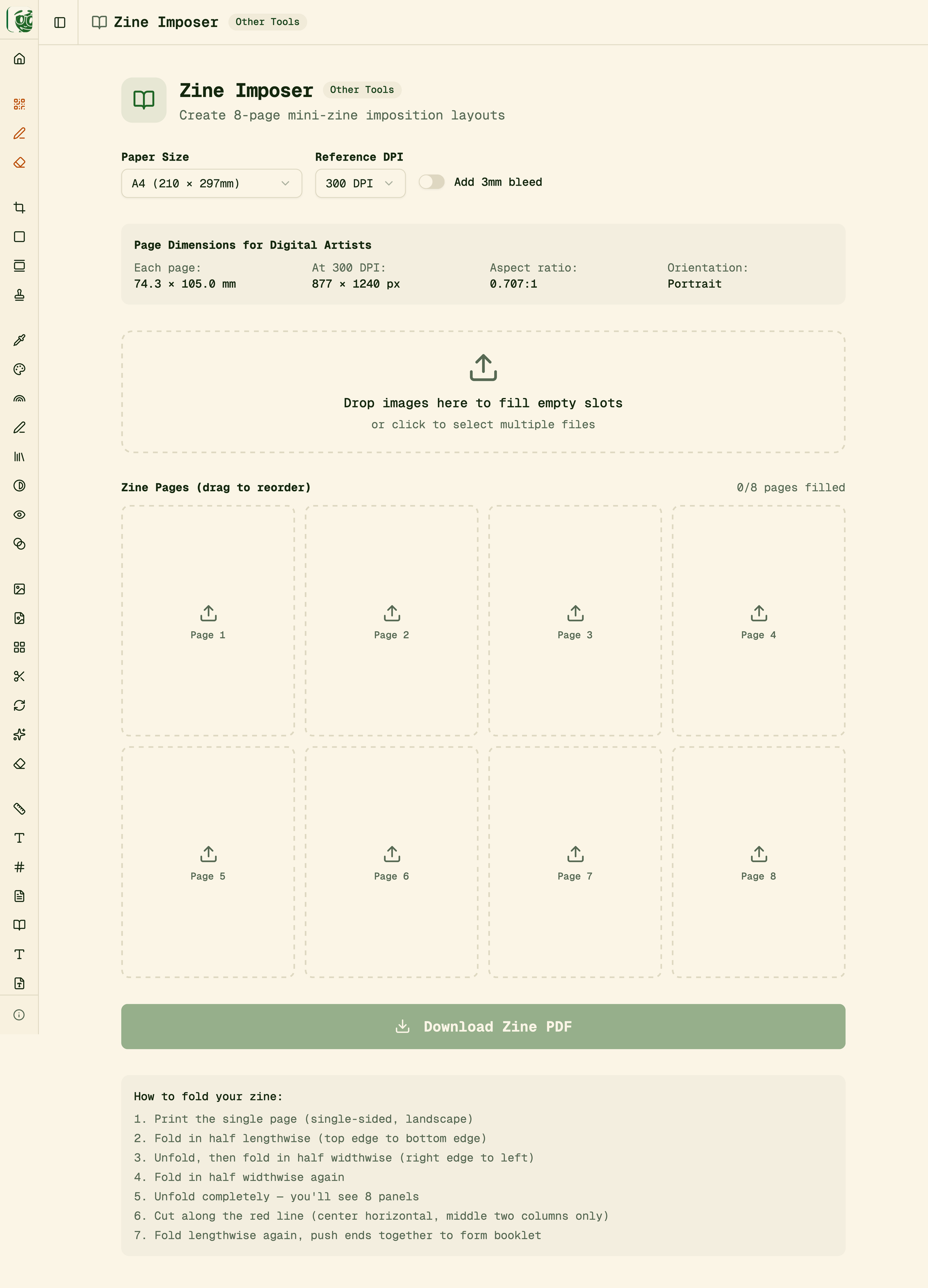 A full page screenshot of the Zine Imposer tool.